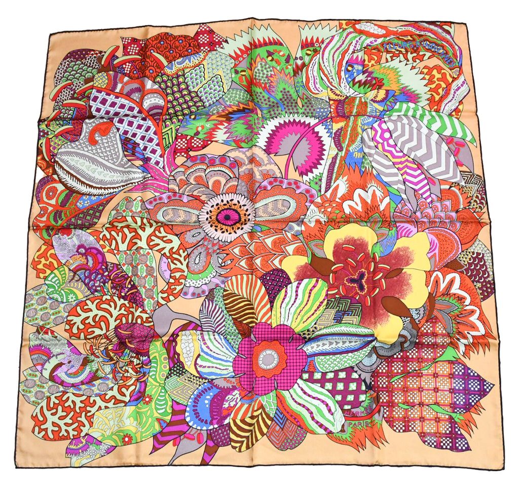 Hermes Scarf Fleurs d'Indiennes 90 cm silk yellow orange Carre Indian flower 35"