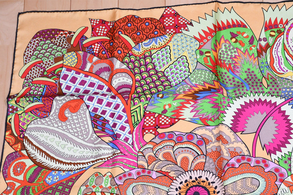 Hermes Scarf Fleurs d'Indiennes 90 cm silk yellow orange Carre Indian flower 35"