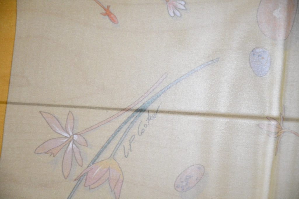 Hermes Scarf Fleurs et Plumes 90 cm Chiffon Silk mousseline muslin flower yellow