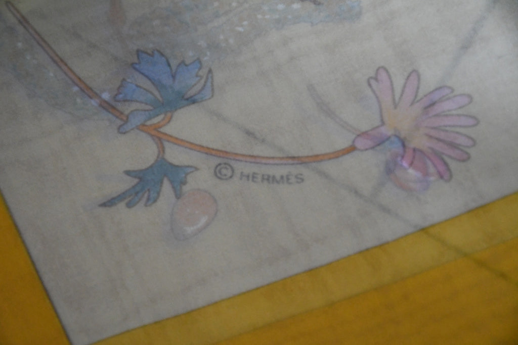 Hermes Scarf Fleurs et Plumes 90 cm Chiffon Silk mousseline muslin flower yellow
