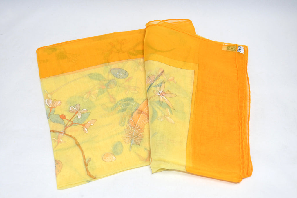 Hermes Scarf Fleurs et Plumes 90 cm Chiffon Silk mousseline muslin flower yellow