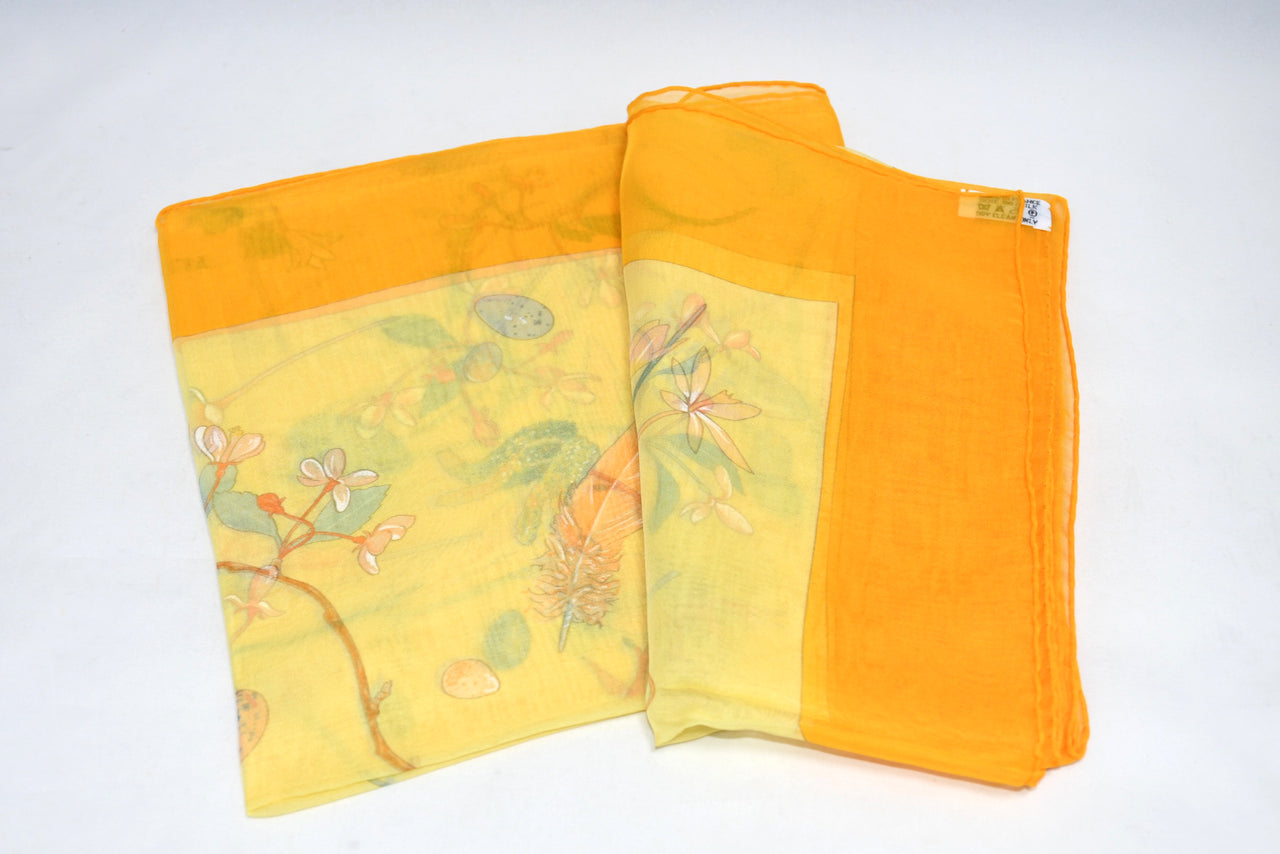Hermes Scarf Fleurs et Plumes 90 cm Chiffon Silk mousseline muslin flower yellow