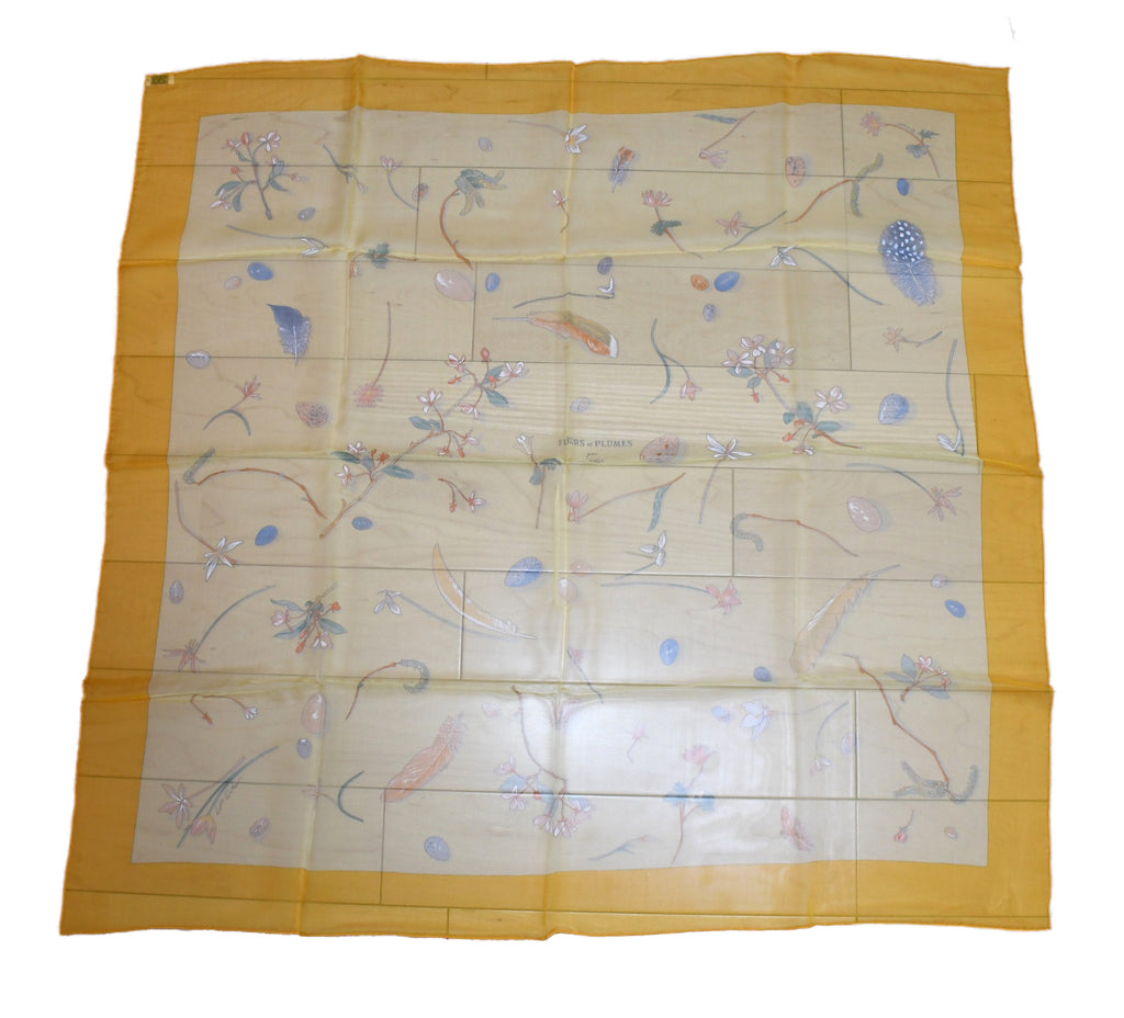 Hermes Scarf Fleurs et Plumes 90 cm Chiffon Silk mousseline muslin flower yellow