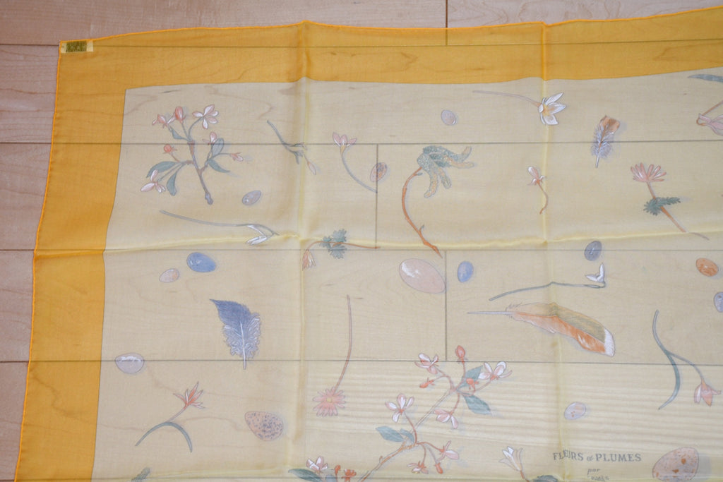 Hermes Scarf Fleurs et Plumes 90 cm Chiffon Silk mousseline muslin flower yellow