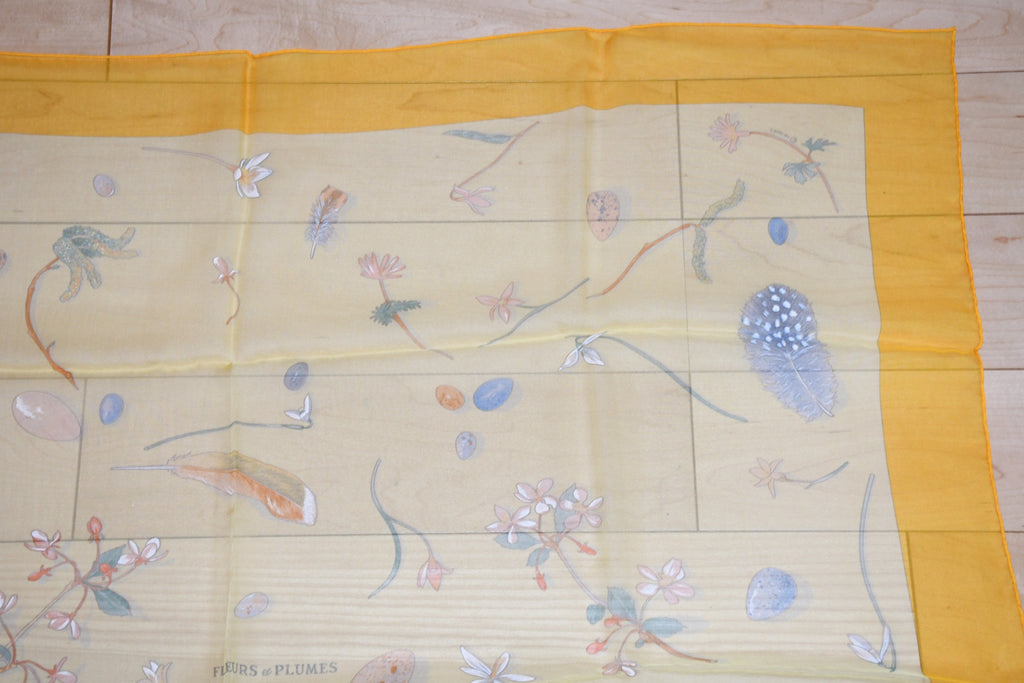 Hermes Scarf Fleurs et Plumes 90 cm Chiffon Silk mousseline muslin flower yellow