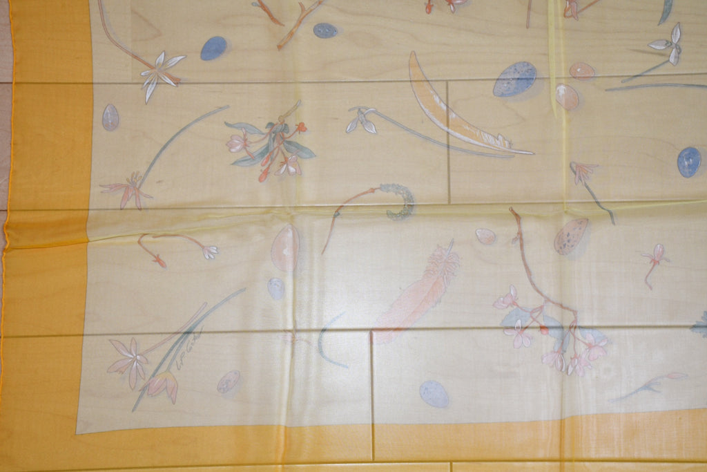 Hermes Scarf Fleurs et Plumes 90 cm Chiffon Silk mousseline muslin flower yellow