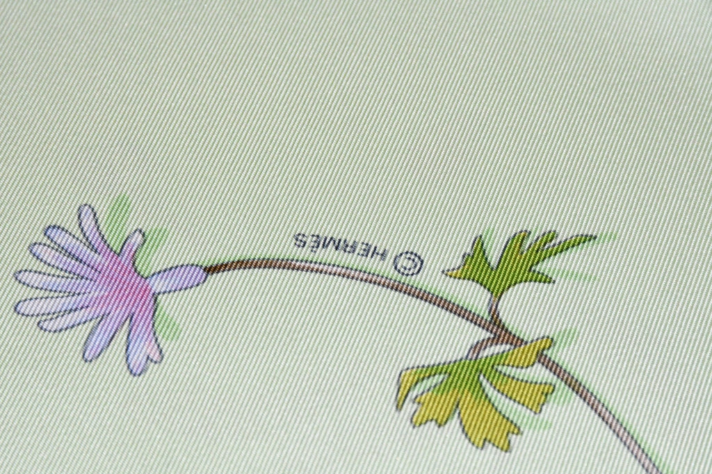 Hermes Scarf Fleurs et Plumes by Leigh P. Cook 90 cm silk light green flower