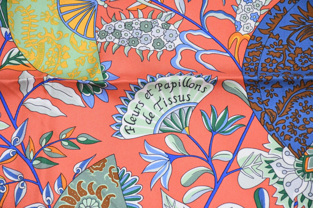 Hermes Scarf Fleurs et papillons de Tissus 90 cm silk orange pink Carre flower 35"