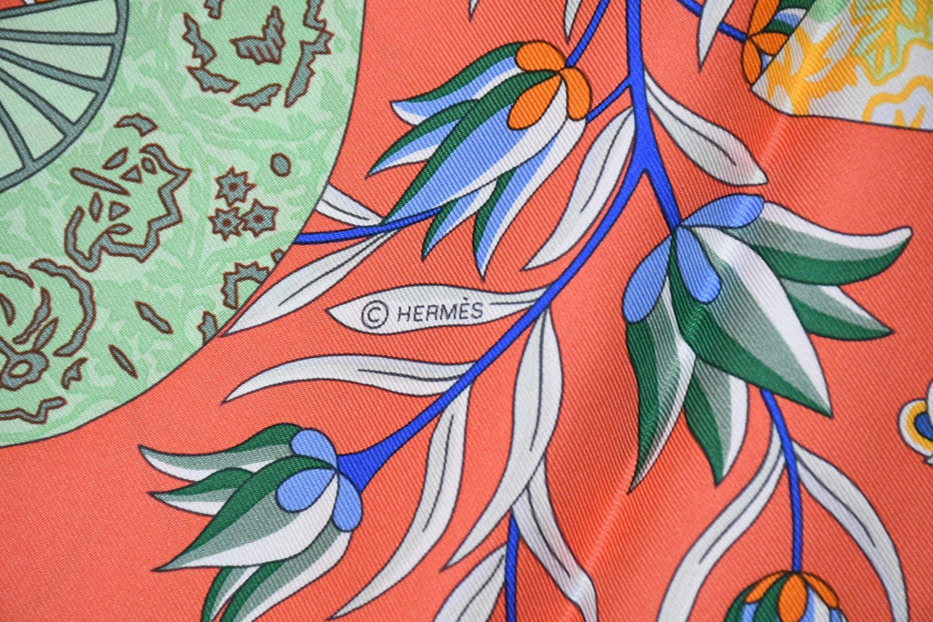 Hermes Scarf Fleurs et papillons de Tissus 90 cm silk orange pink Carre flower 35"