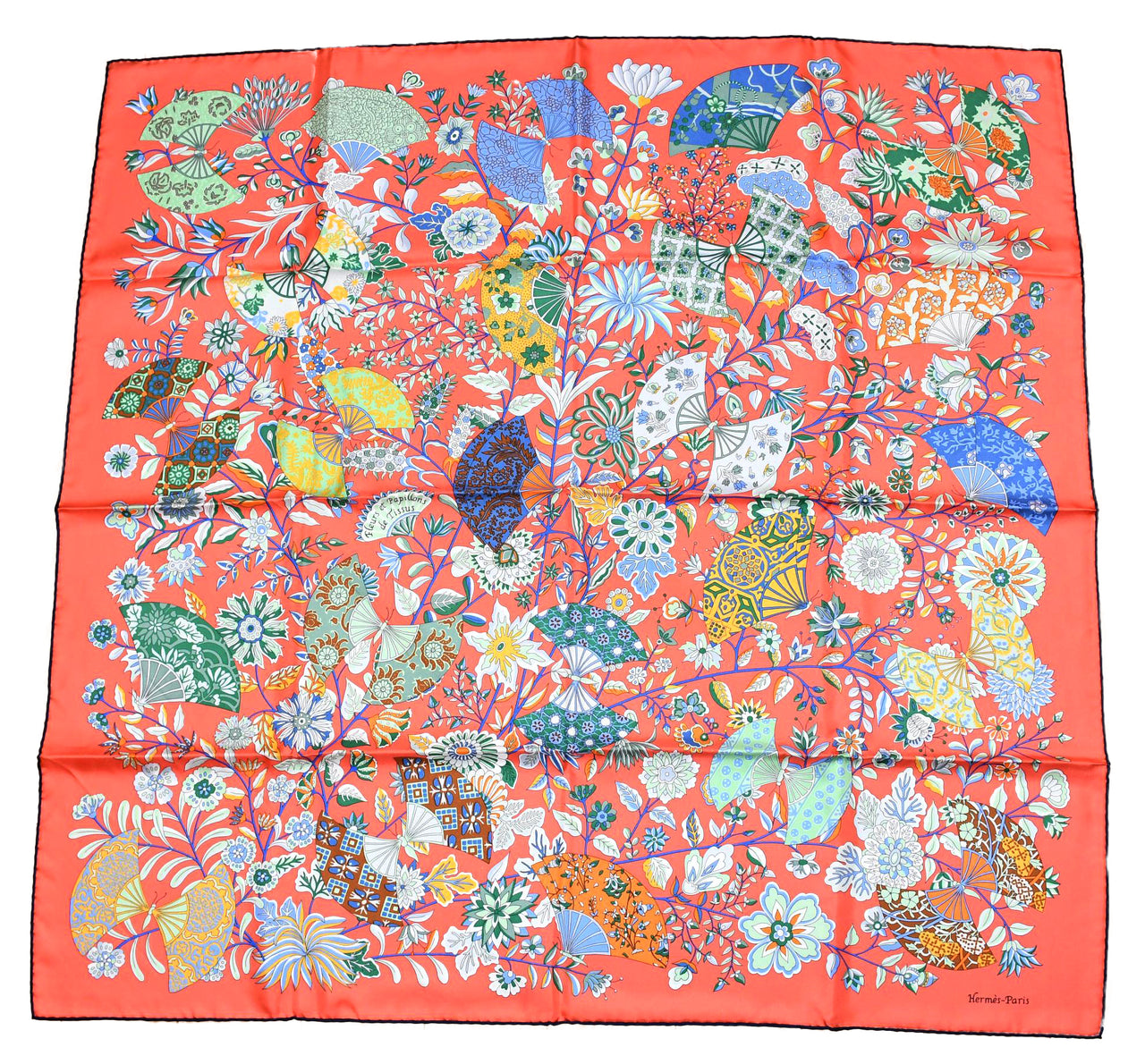 Hermes Scarf Fleurs et papillons de Tissus 90 cm silk orange pink Carre flower 35"