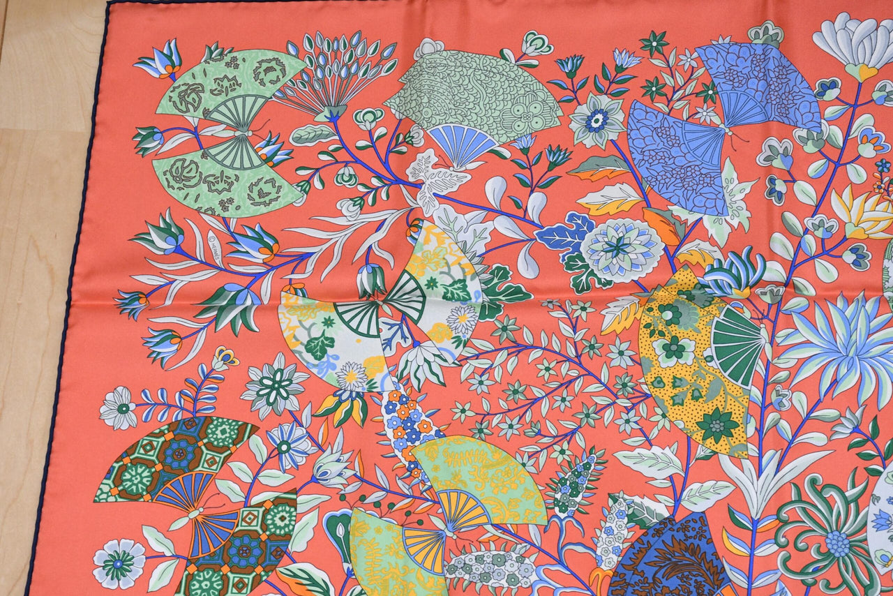 Hermes Scarf Fleurs et papillons de Tissus 90 cm silk orange pink Carre flower 35"