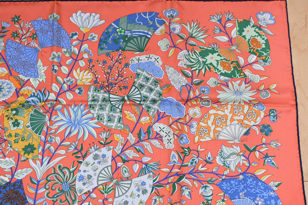 Hermes Scarf Fleurs et papillons de Tissus 90 cm silk orange pink Carre flower 35"