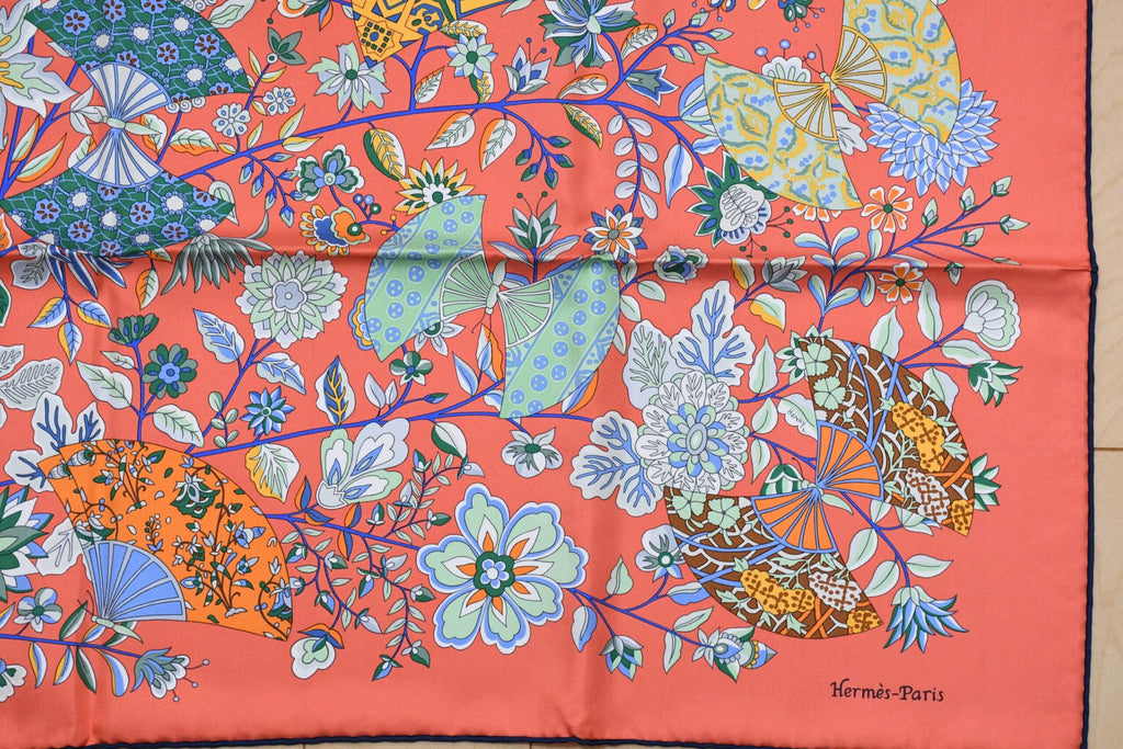 Hermes Scarf Fleurs et papillons de Tissus 90 cm silk orange pink Carre flower 35"