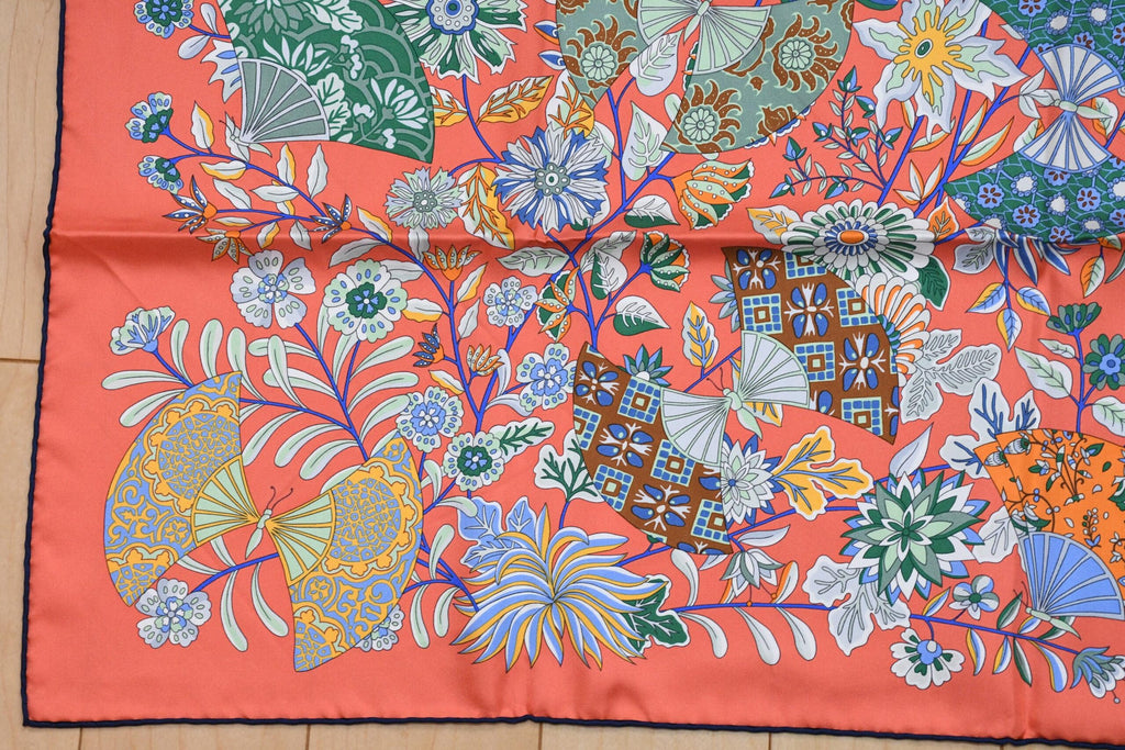 Hermes Scarf Fleurs et papillons de Tissus 90 cm silk orange pink Carre flower 35"