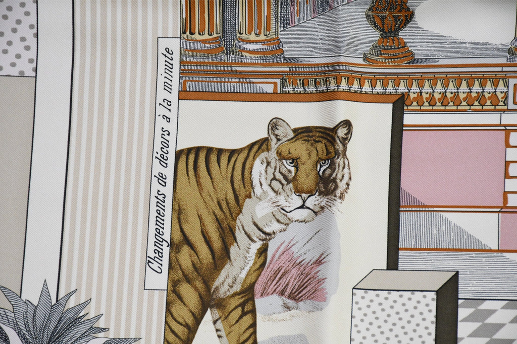 Hermes Scarf Grand Theatre Nouveau 90 cm silk pink lion tiger animal Carre 35″