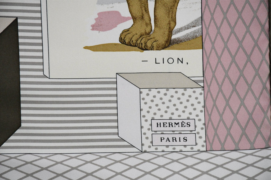 Hermes Scarf Grand Theatre Nouveau 90 cm silk pink lion tiger animal Carre 35″