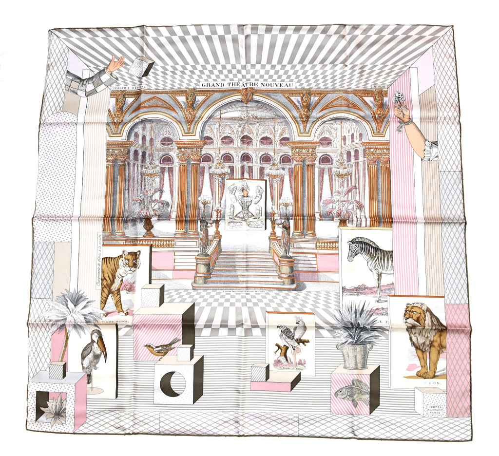 Hermes Scarf Grand Theatre Nouveau 90 cm silk pink lion tiger animal Carre 35″