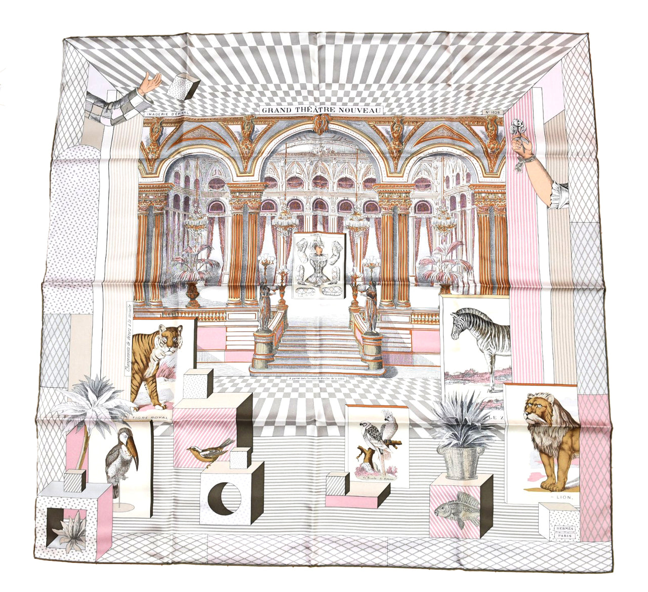 Hermes Scarf Grand Theatre Nouveau 90 cm silk pink lion tiger animal Carre 35″