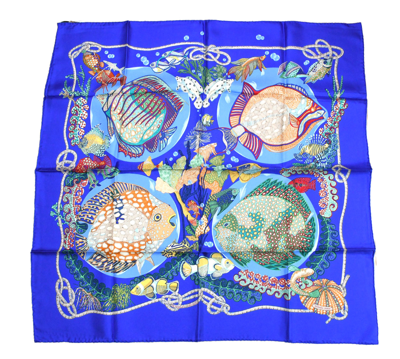 Hermes Scarf Grands Fonds 90 cm silk blue Carre sea fish 35"