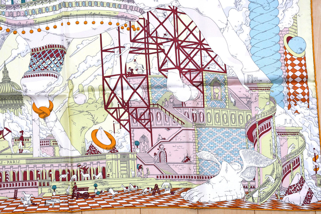 Hermes Scarf Hippopolis by Ugo Gattoni 90 cm silk yellow pink Carre horse