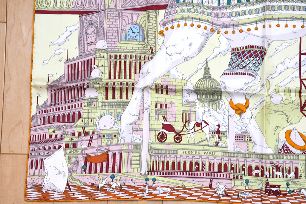 Hermes Scarf Hippopolis by Ugo Gattoni 90 cm silk yellow pink Carre horse