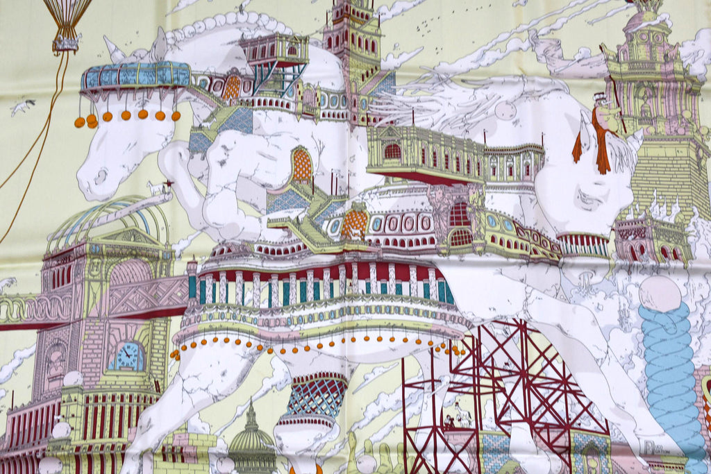 Hermes Scarf Hippopolis by Ugo Gattoni 90 cm silk yellow pink Carre horse