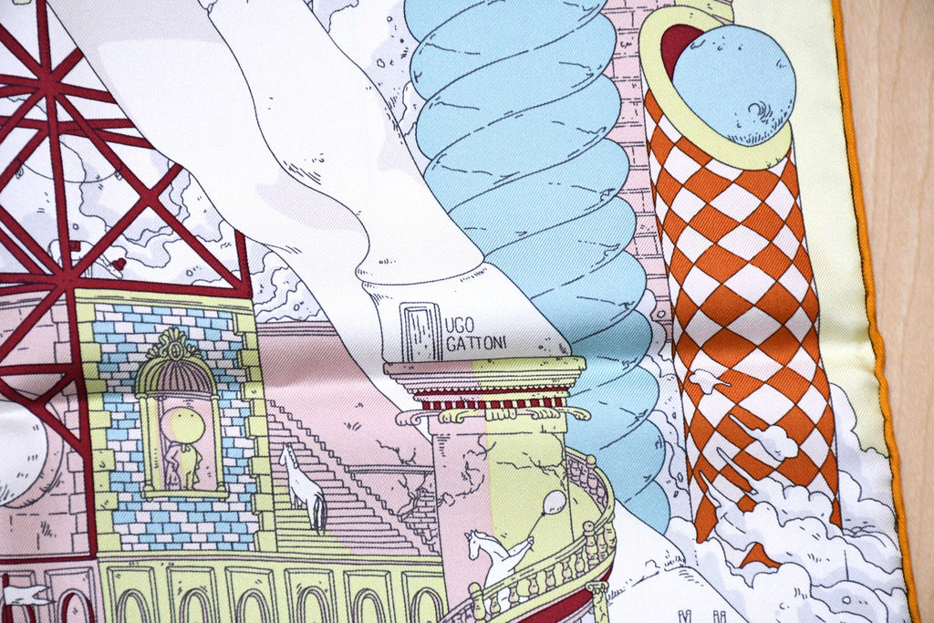 Hermes Scarf Hippopolis by Ugo Gattoni 90 cm silk yellow pink Carre horse
