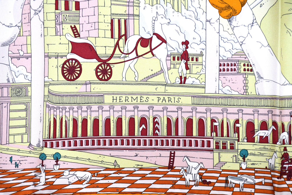 Hermes Scarf Hippopolis by Ugo Gattoni 90 cm silk yellow pink Carre horse