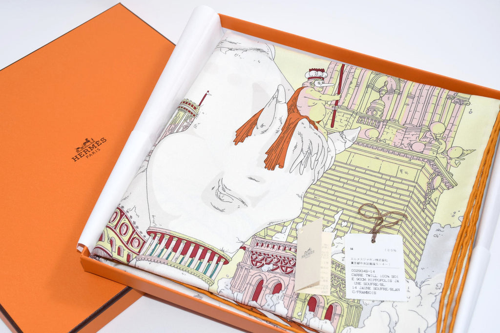 Hermes Scarf Hippopolis by Ugo Gattoni 90 cm silk yellow pink Carre horse