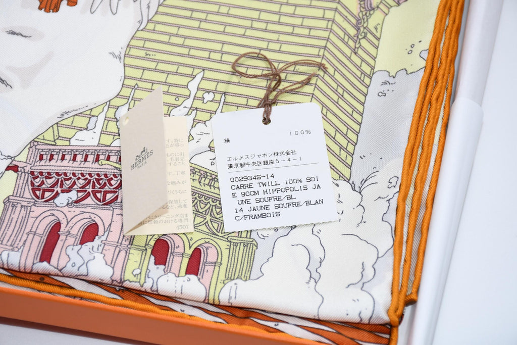 Hermes Scarf Hippopolis by Ugo Gattoni 90 cm silk yellow pink Carre horse
