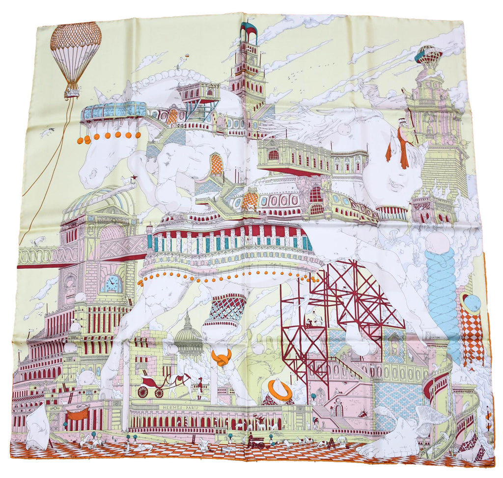 Hermes Scarf Hippopolis by Ugo Gattoni 90 cm silk yellow pink Carre horse