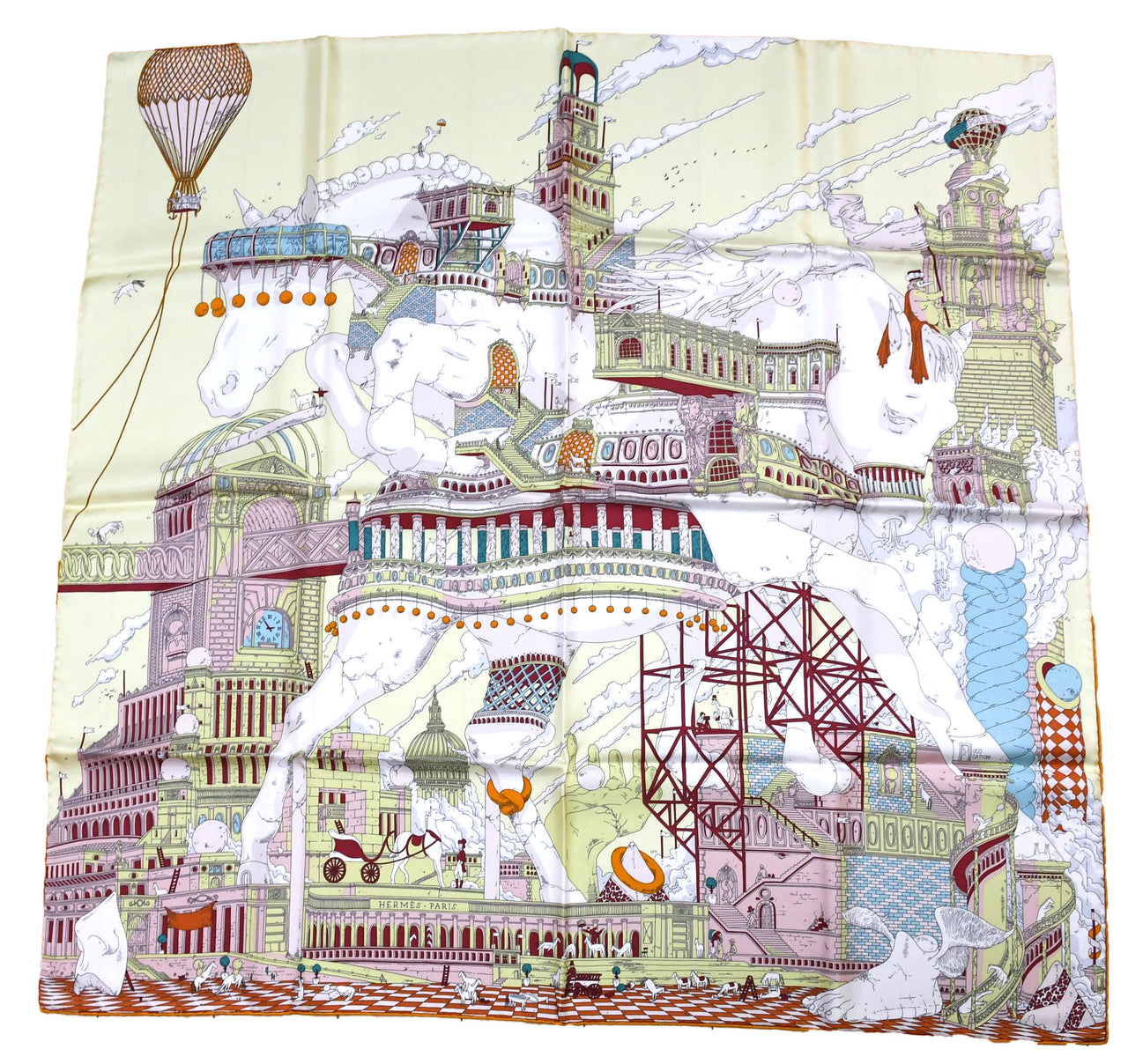 Hermes Scarf Hippopolis by Ugo Gattoni 90 cm silk yellow pink Carre horse