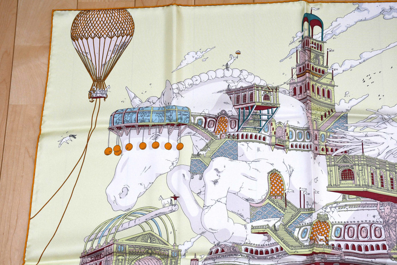 Hermes Scarf Hippopolis by Ugo Gattoni 90 cm silk yellow pink Carre horse