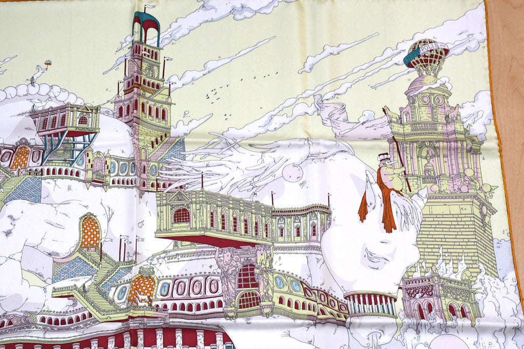 Hermes Scarf Hippopolis by Ugo Gattoni 90 cm silk yellow pink Carre horse