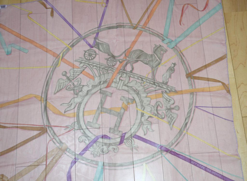 Hermes Scarf Horse carriage 90 cm Chiffon Silk mousseline Pink muslin 35"