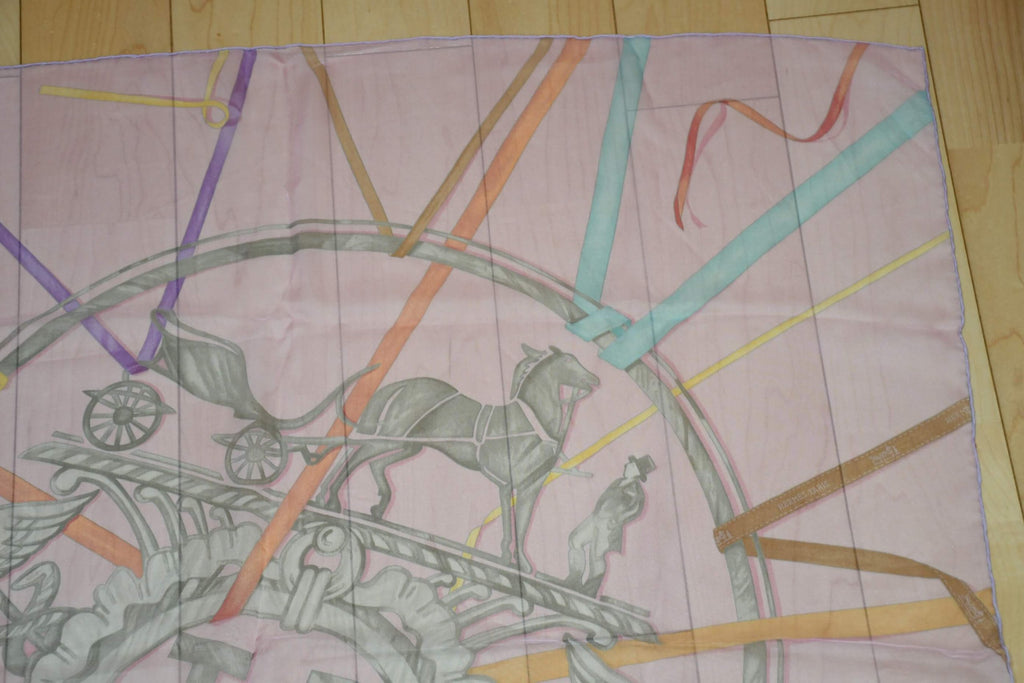 Hermes Scarf Horse carriage 90 cm Chiffon Silk mousseline Pink muslin 35"