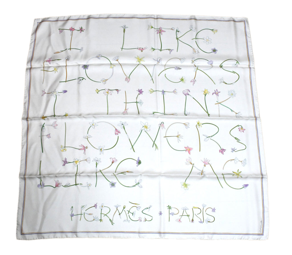 Hermes Scarf I like Flowers by Leah P. Cooke 90 cm silk off white Carre vintage