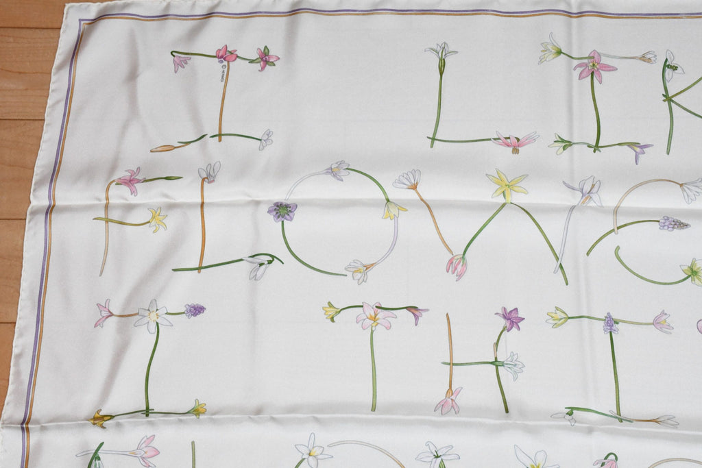 Hermes Scarf I like Flowers by Leah P. Cooke 90 cm silk off white Carre vintage