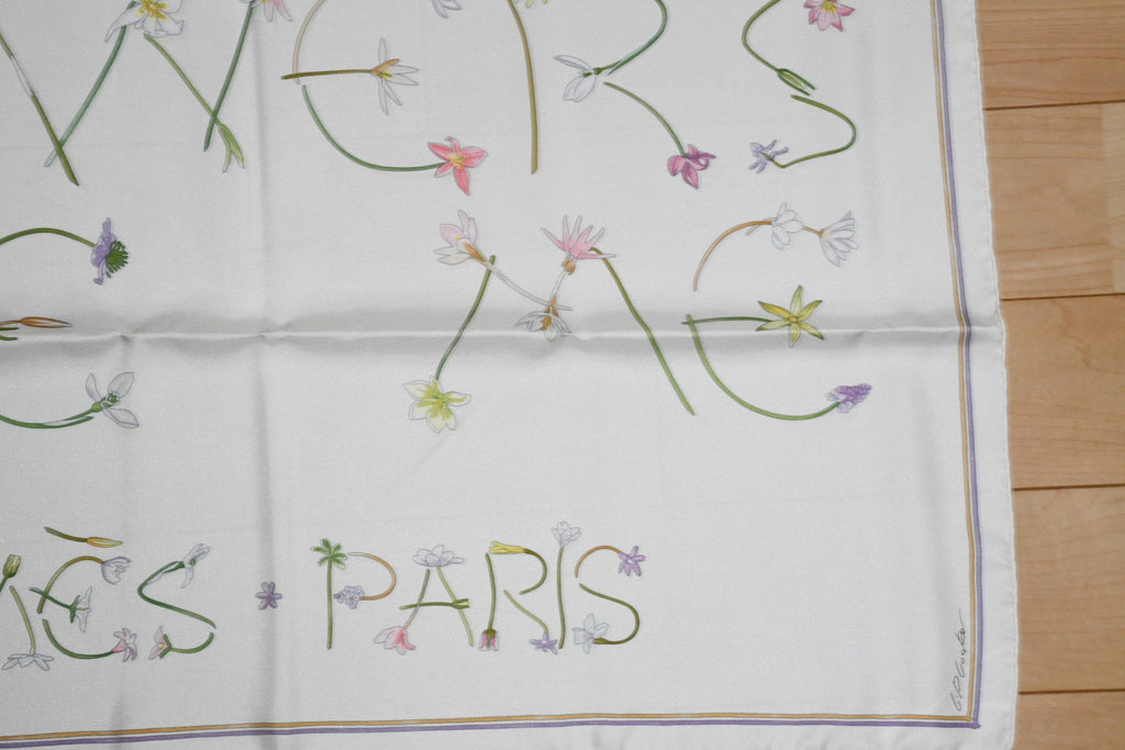 Hermes Scarf I like Flowers by Leah P. Cooke 90 cm silk off white Carre vintage