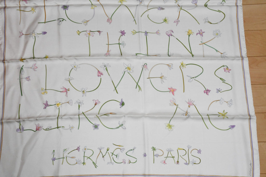 Hermes Scarf I like Flowers by Leah P. Cooke 90 cm silk off white Carre vintage
