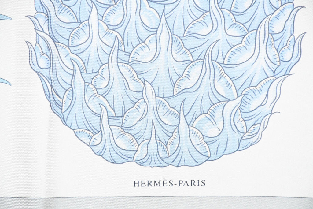 Hermes Scarf Index Bromeliaceae 90 cm silk gray blue Carre pineapple flower 35"