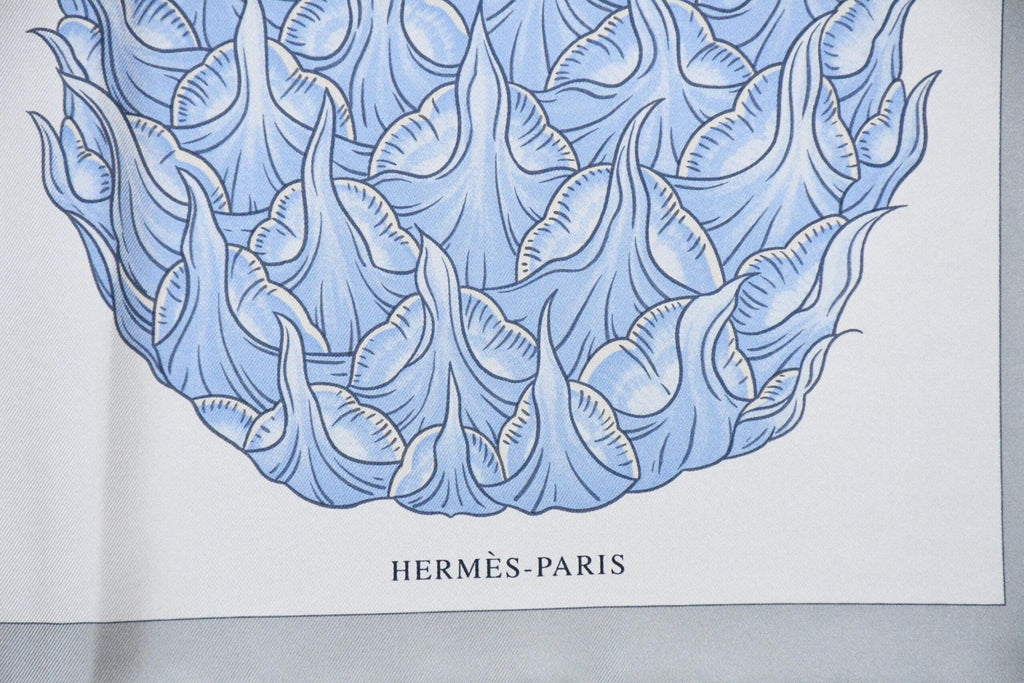 Hermes Scarf Index Bromeliaceae 90 cm silk gray blue Carre pineapple flower 35"