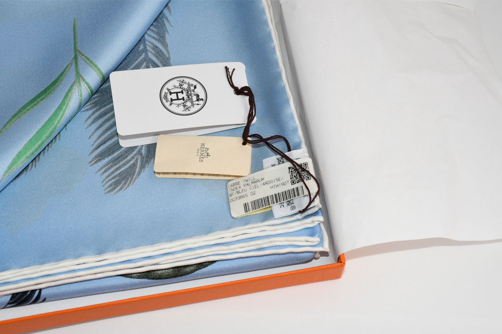Hermes Scarf Index Palmarum 90 cm silk blue Carre palm tree 35"