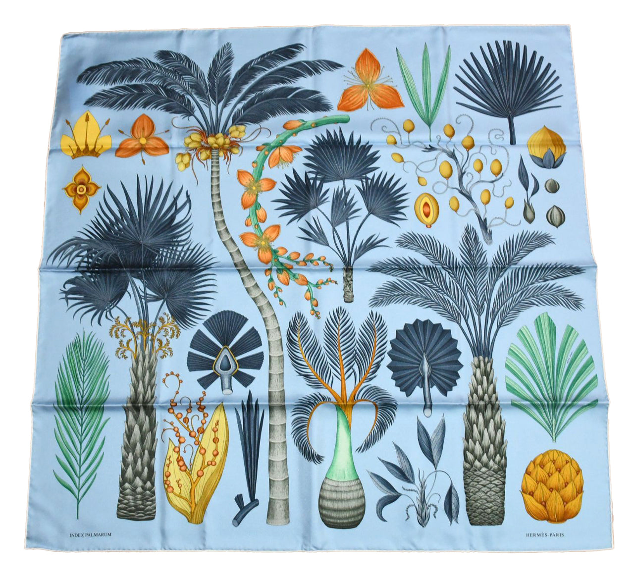 Hermes Scarf Index Palmarum 90 cm silk blue Carre palm tree 35"