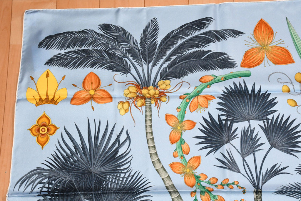 Hermes Scarf Index Palmarum 90 cm silk blue Carre palm tree 35"