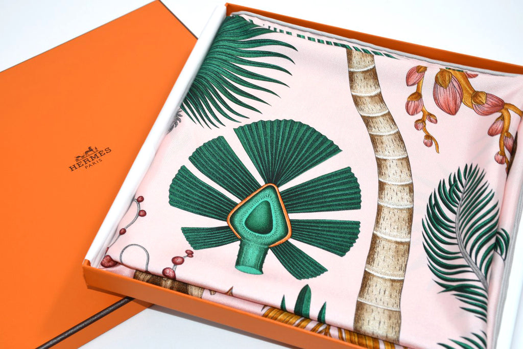 Hermes Scarf Index Palmarum 90 cm silk pink Carre palm tree 35"