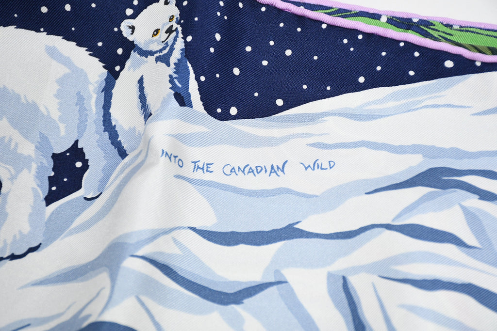 Hermes Scarf Into The Canadian Wild 90 cm silk navy blue Carre bear animal 35"
