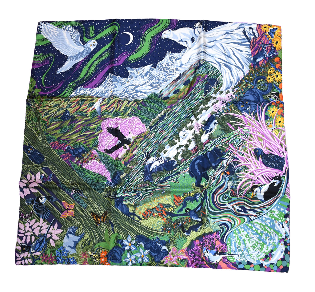 Hermes Scarf Into The Canadian Wild 90 cm silk navy blue Carre bear animal 35"