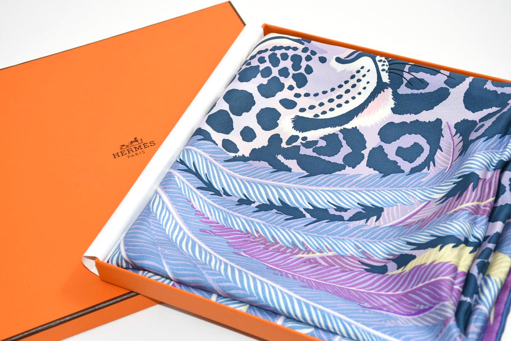Hermes Scarf Jaguar Quetzal 90 cm Christine Henry silk purple animal Carre 064