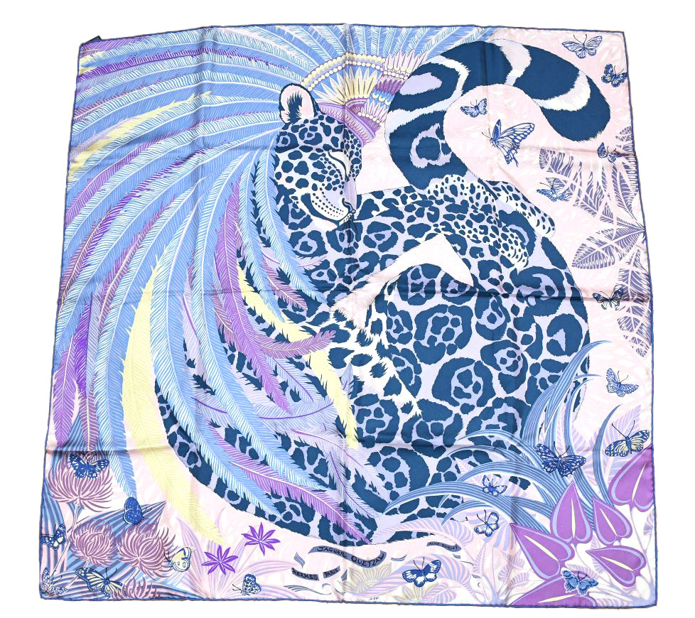 Hermes Scarf Jaguar Quetzal 90 cm Christine Henry silk purple animal Carre 064